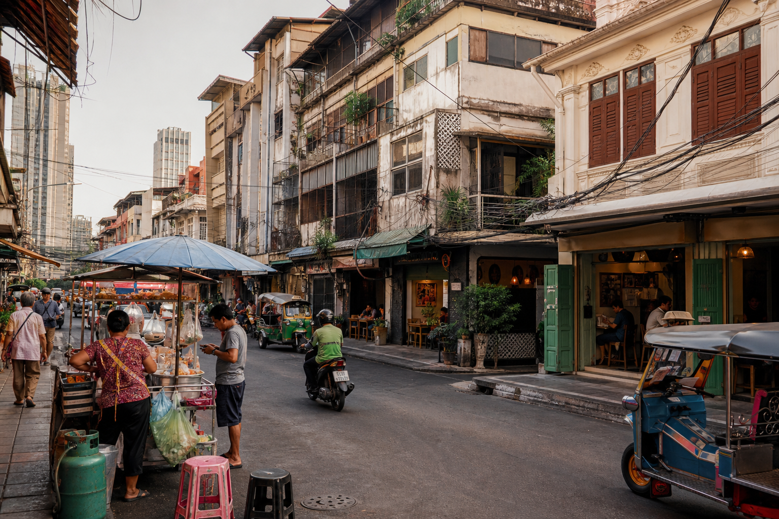 Charoen Krung and Soi Nana neighborhood with historic shophouses, cafes, street food, motorcycles, and local residents