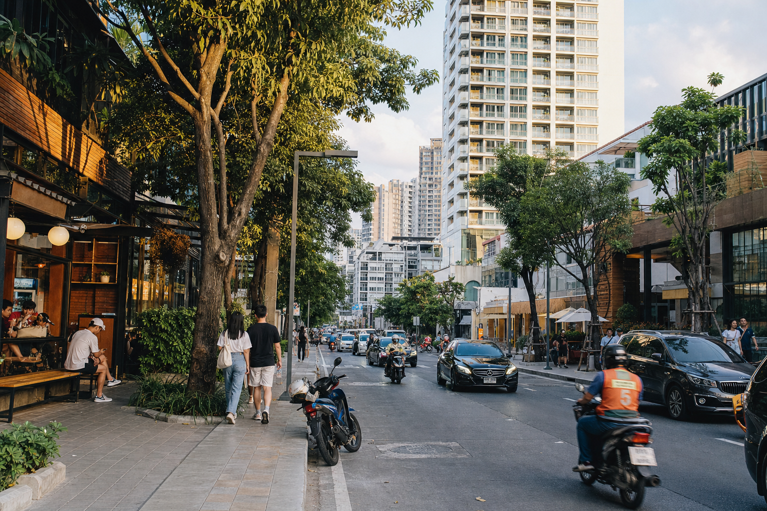 Thonglor street with condominiums, cafes, pedestrians, motorcycles, and local traffic