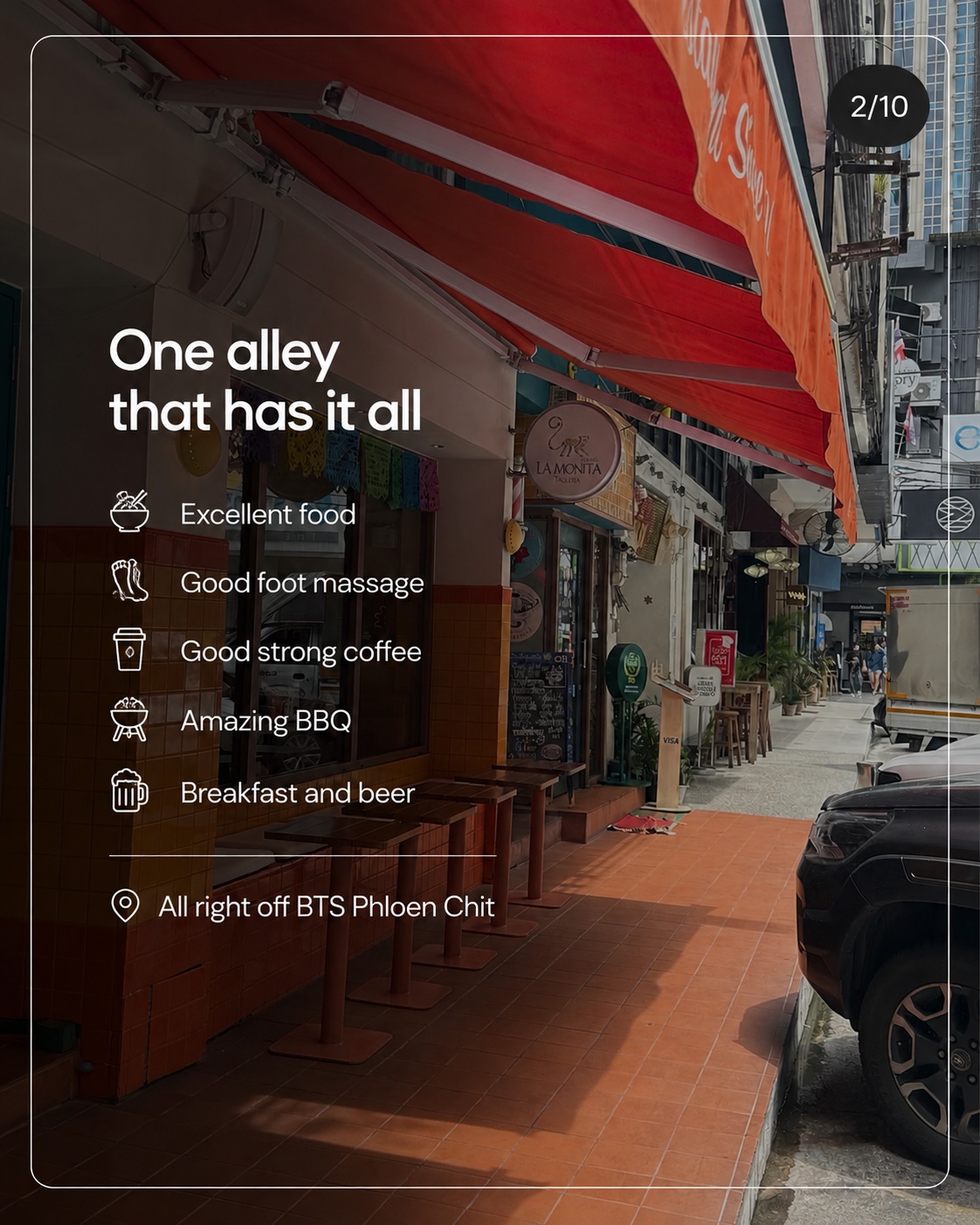 The Mahatun Plaza alley and its mix of food, coffee, beer, breakfast, and massage stops