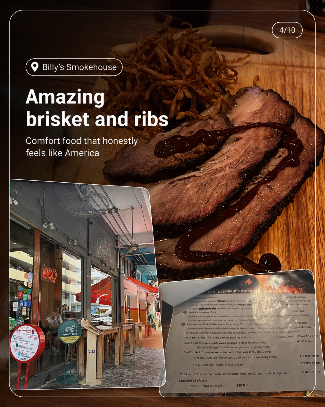 Billy's Smokehouse brisket, storefront, and menu in Mahatun Plaza