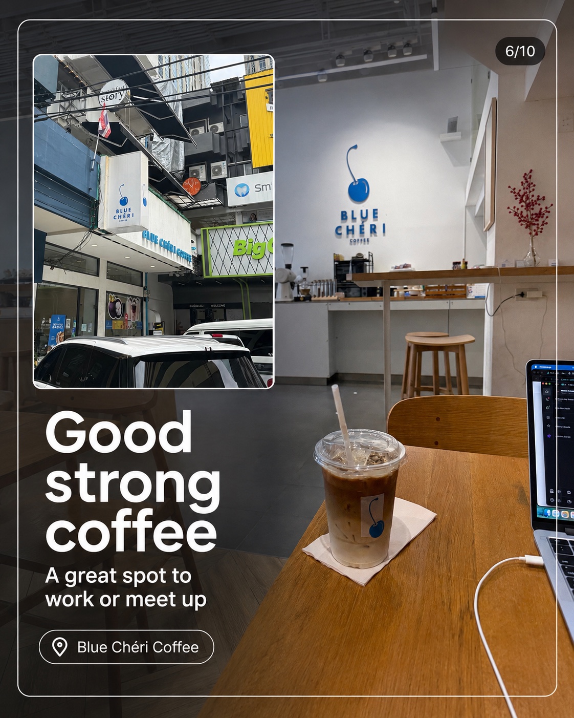 Blue Chéri coffee, workspace, and storefront in Mahatun Plaza
