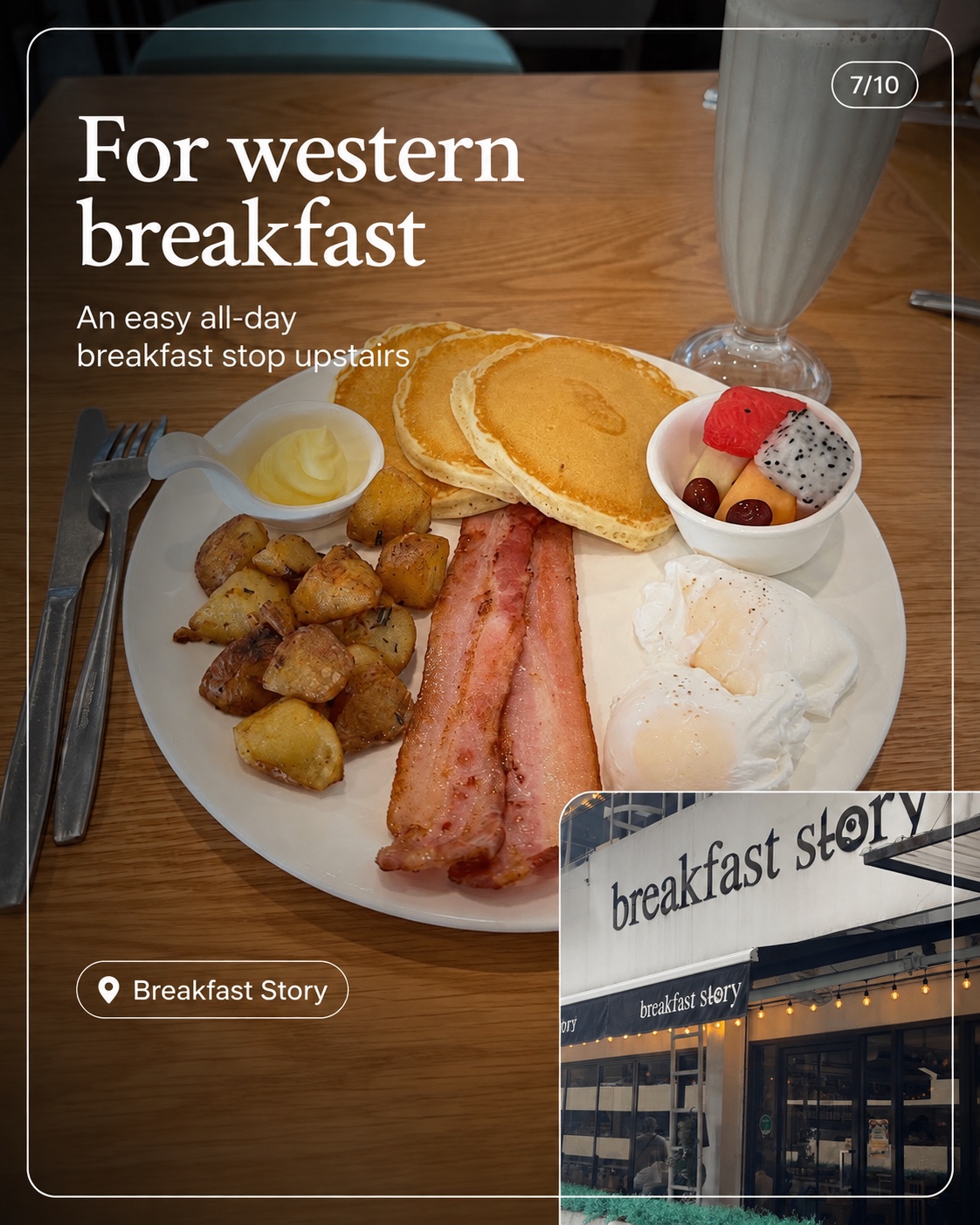 Western breakfast and the Breakfast Story storefront in Mahatun Plaza