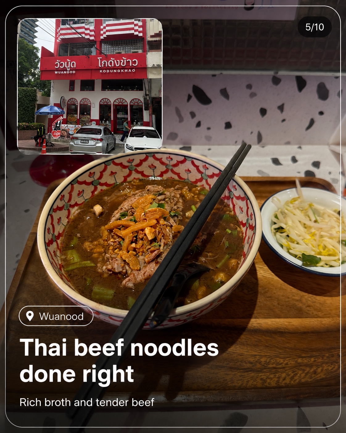 Wuanood Thai beef noodles and storefront in Mahatun Plaza