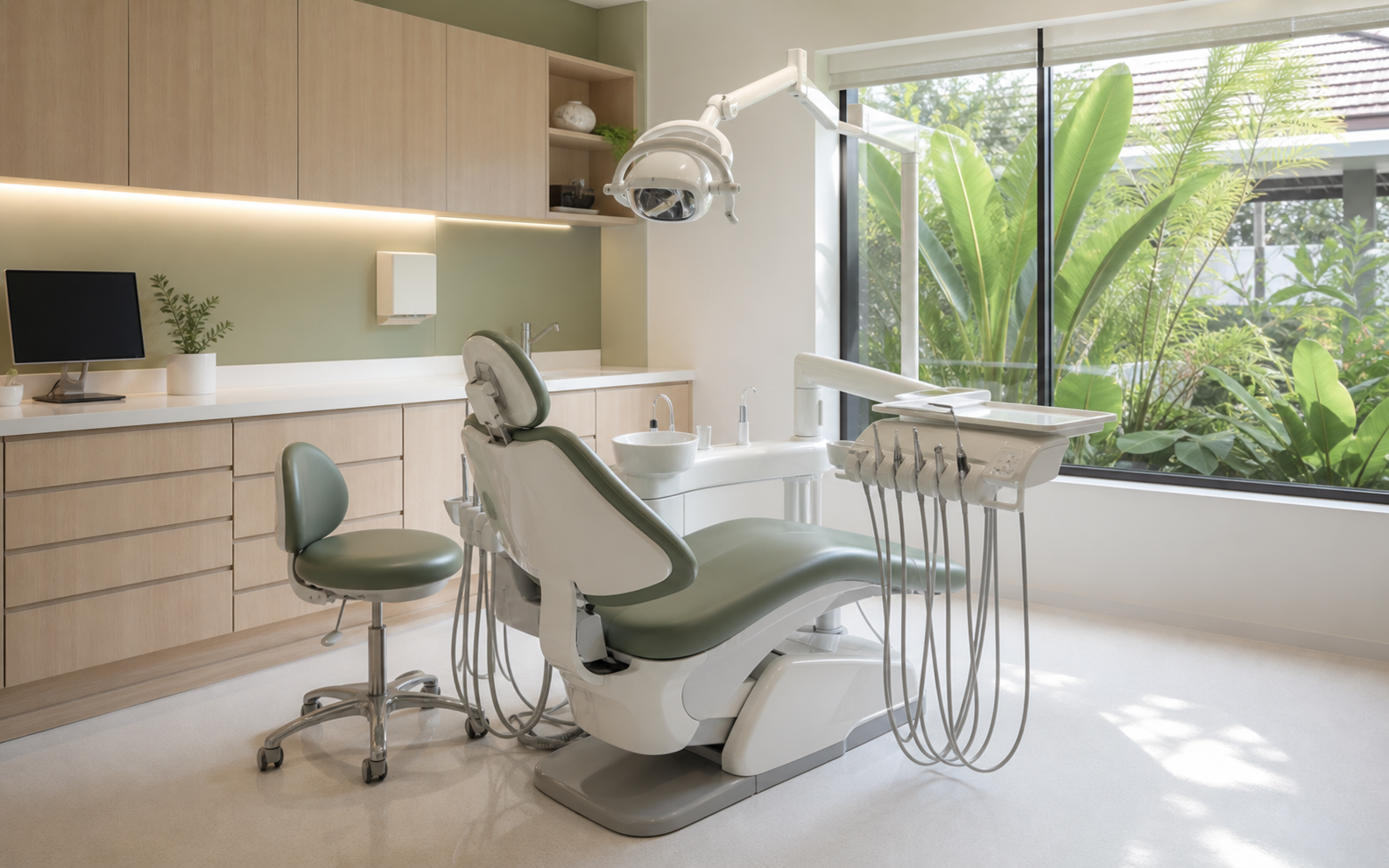 Modern private dental treatment room in Thailand with pale wood cabinetry and tropical greenery outside