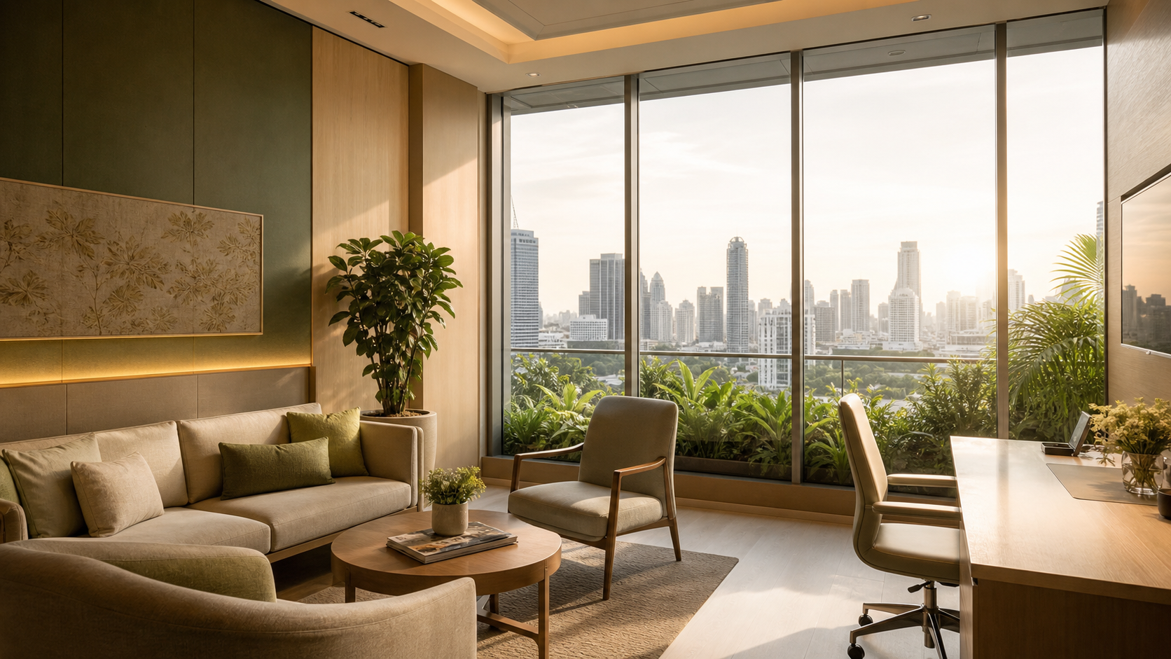 Calm private healthcare consultation lounge overlooking the Bangkok skyline